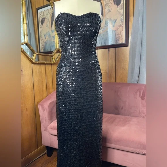 Vintage bombshell black sequin strapless gown VLV - Picture 3 of 5